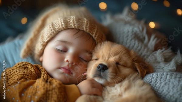 Obraz sleeping baby with dog