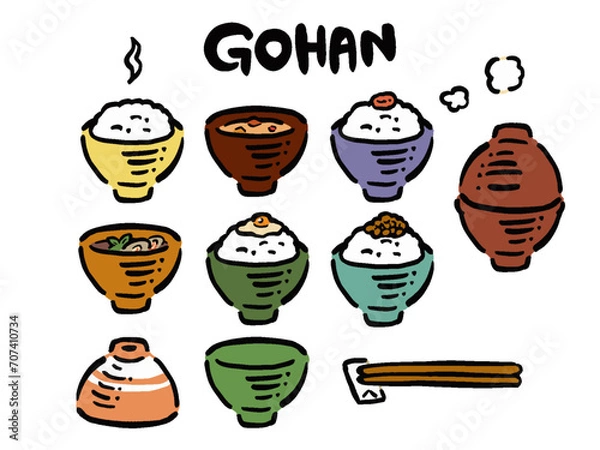 Obraz シンプル手描き風ご飯茶碗とごはんのイラストセット