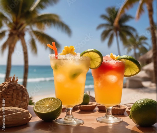 Obraz A tropical and vibrant margarita, showcasing the cocktail against a backdrop of sun-soaked beaches and palm trees. Margarita cocktail on the wooden pier. Concept of classic drink.