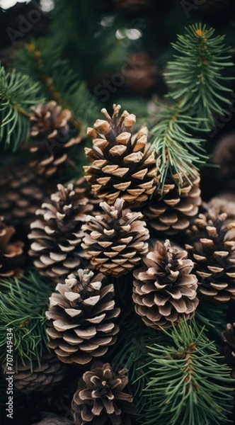 Fototapeta Close up of pine cones, in the style of forestpunk, festive atmosphere Ai Generative