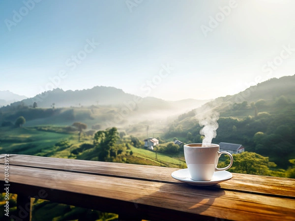 Fototapeta white cup of coffee and smoke on a wooden table with view of farmland and mountain and blue sky. copy space for text