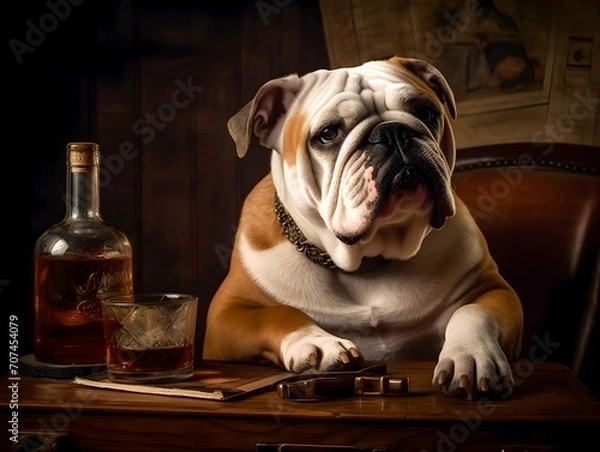 Fototapeta english bulldog sit on wooden table with alcohol bottle and a glass of alcohol in a house, concept of alcoholic, generative ai