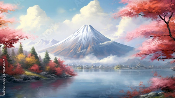 Fototapeta beautiful lanscape of Mountain with colorful tree and lake in autumn, watercolor.