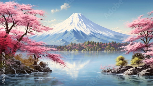 Fototapeta beautiful Mt.Fuji with colorful tree and lake in autumn in Japan in watercolor. illustration,