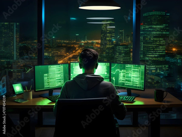 Fototapeta Programmer coding on a computer in the dark with a view of the lights of the night city. The concept of a developer or hacker