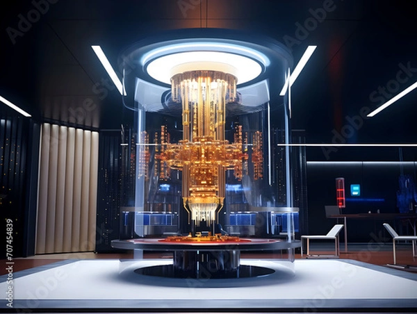 Fototapeta a golden quantum computers in computer room showcasing advanced technology, representing technology for future trends