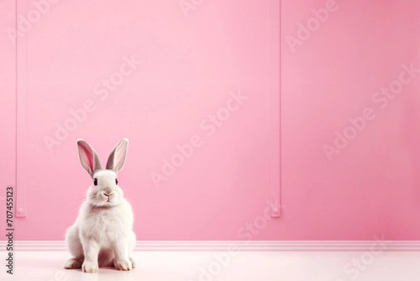 Fototapeta rabbit sitting on pink background with copy space for text