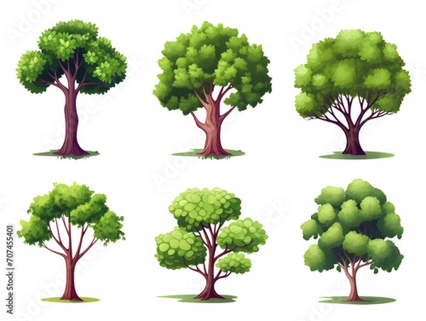 Fototapeta six green trees isolated on white background. illustration, generative ai