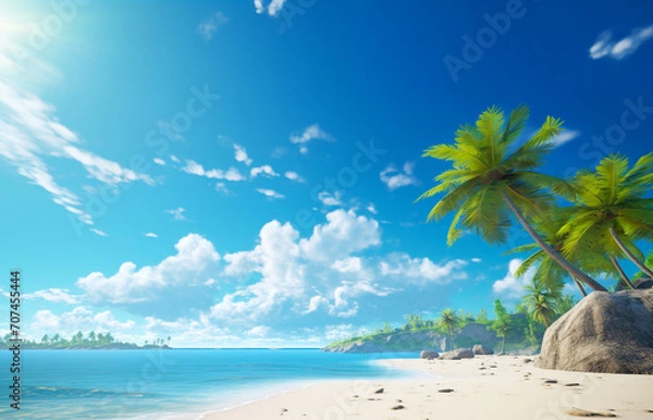 Fototapeta tropical beach with coconut palm trees, sea sand sun, panoramic view with copy space, illustration