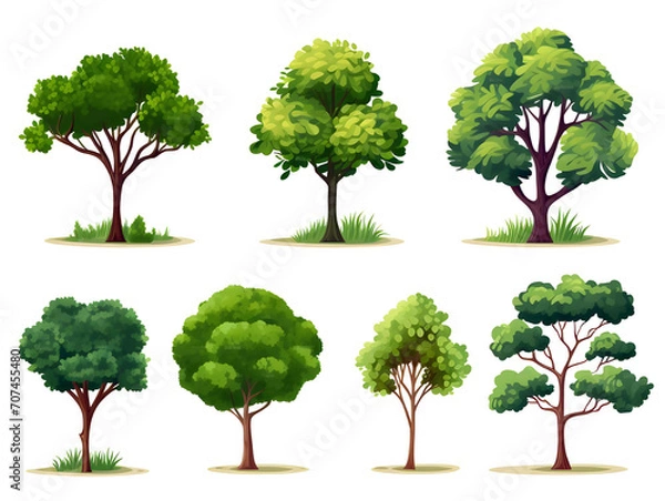 Fototapeta seven green trees isolated on white background. illustration, generative ai