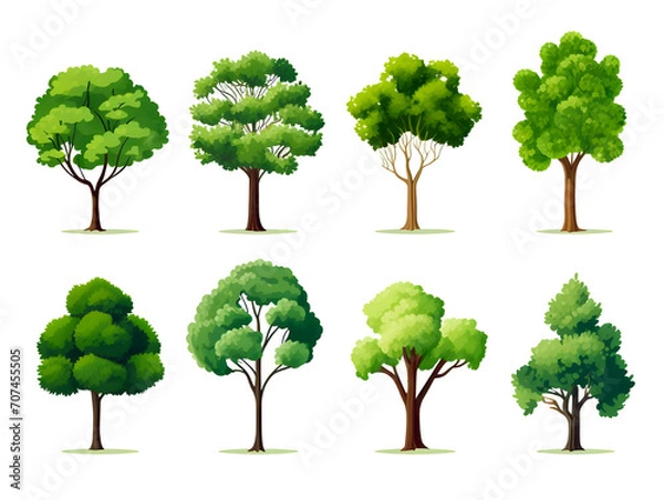 Fototapeta set of eight green trees isolated on white background. illustration, generative ai