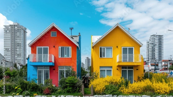 Fototapeta Urban landscape with two brightly colored houses and in the background a modern white apartment building

