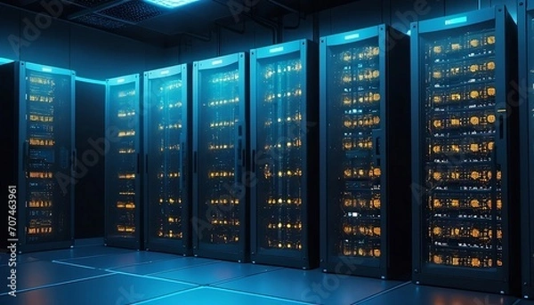 Fototapeta Illustration of data center storage pc bitcoin server room. Graphic art vector digital photo. Generative AI