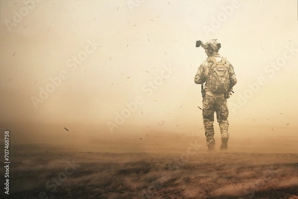 Fototapeta Military helicopters and forces between storm & dust in battlefield	