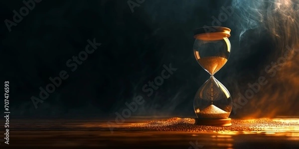 Fototapeta time slipping away, an hourglass on dark background, Generative AI