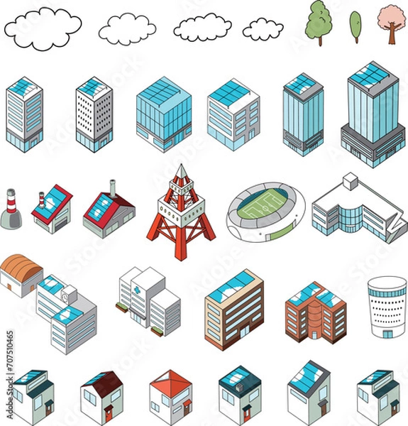 Obraz アイソメトリック・建物の立体イラストセット（カラー）