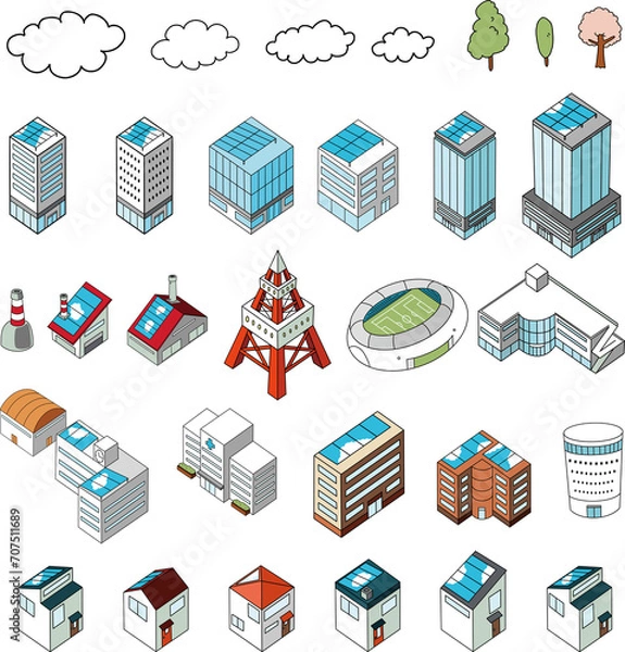 Obraz アイソメトリック・建物の立体イラストセット（カラー）