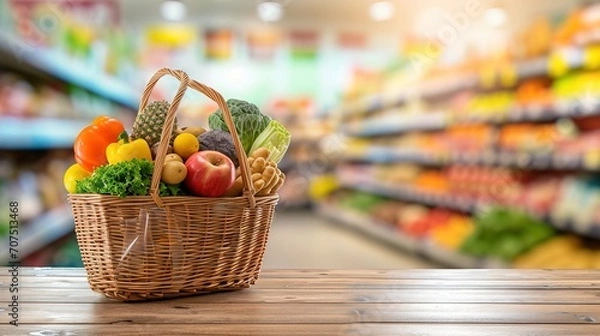 Fototapeta Food and groceries in shopping basket on wood table with blurred supermarket in background