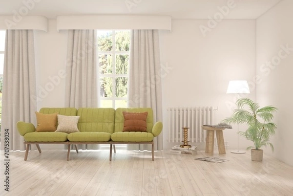 Fototapeta White living room with sofa and summer landscape in window. Scandinavian interior design. 3D illustration