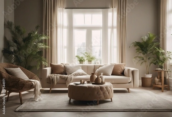 Fototapeta Beige fabric sofa against window Boho home interior design of modern living room