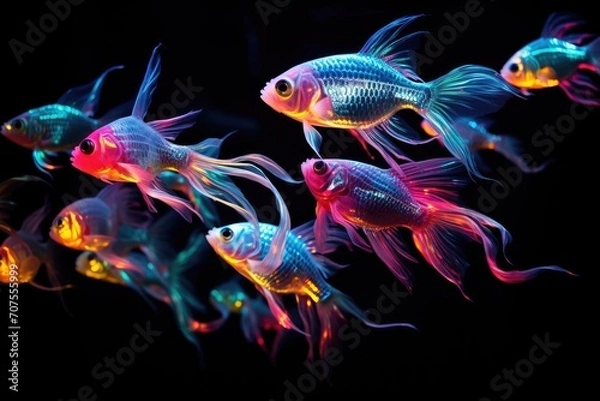 Obraz School of Neon Fish: A mesmerizing display of neon-colored fish swimming in unison.