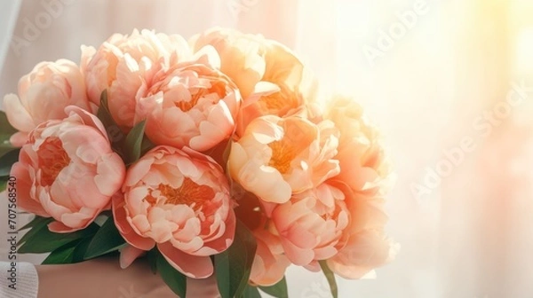 Fototapeta Women's hands holding a bouquet of peach peonies for congratulations on Mother's Day, Valentine's Day, women's Day. Blurred background.