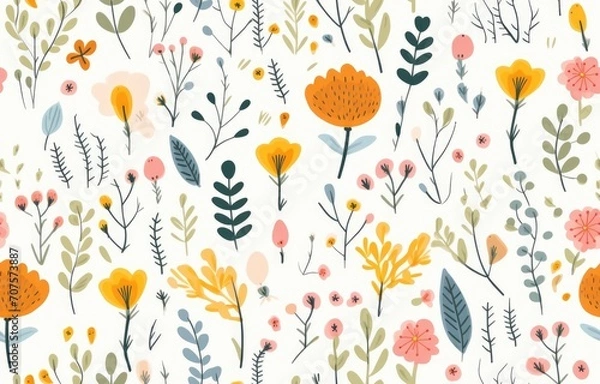 Fototapeta Cute seamless pattern with flowers, gentle spring summer mood hand drawn floral, Botanical backdropl