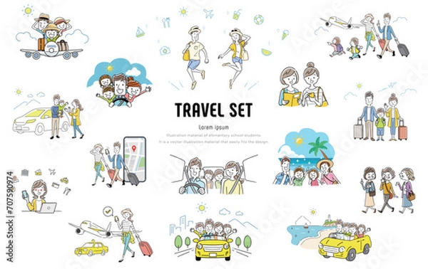 Fototapeta ベクターイラスト素材：旅行やお出かけの人物セット
