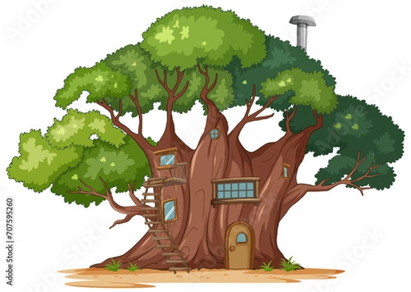 Fototapeta Cartoon treehouse with windows and a door