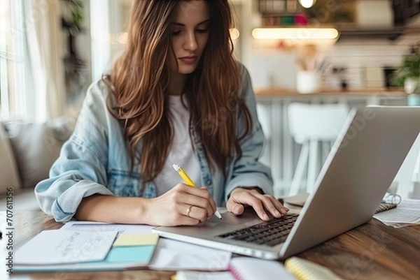 Fototapeta beautiful young woman studying while sitting at table with laptop and notebook computer at home