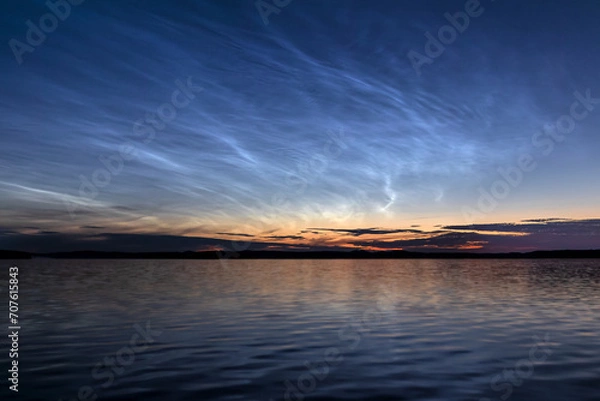 Obraz noctilucent clouds, sunset and lake