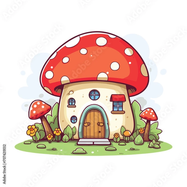Fototapeta mushroom house in the forest, flat style cartoon isolated vector design