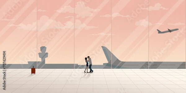 Fototapeta Couple of lover embracing at the airport's lobby have plane and vanilla sky background through windows vector illustration. Happy ending scene concept.