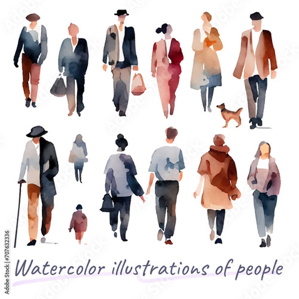 Obraz 優しい色彩の人々の水彩イラストセット