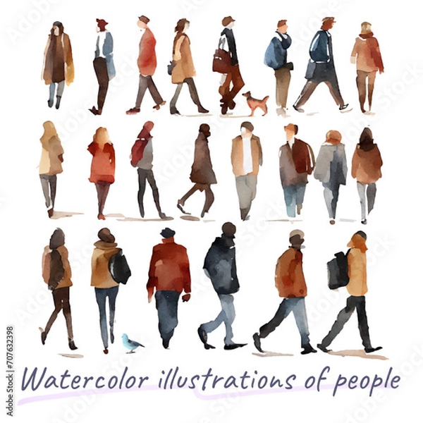 Fototapeta 優しい色彩の人々の水彩イラストセット