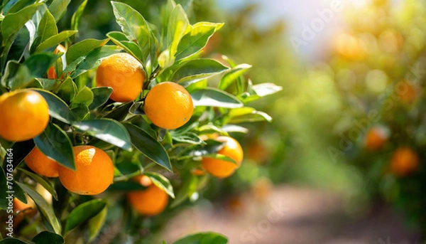 Fototapeta Citrus branches with organic ripe fresh oranges tangerines growing on branches with green leave background