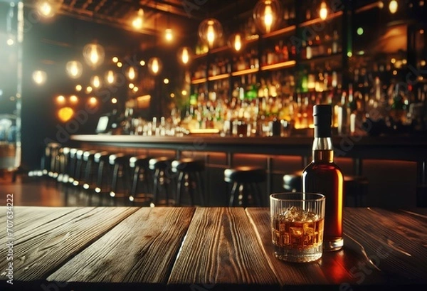 Fototapeta This wooden table in a bar with a blurry bar background