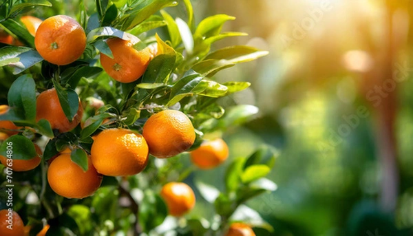 Obraz Citrus branches with organic ripe fresh oranges tangerines growing on branches with green leave background