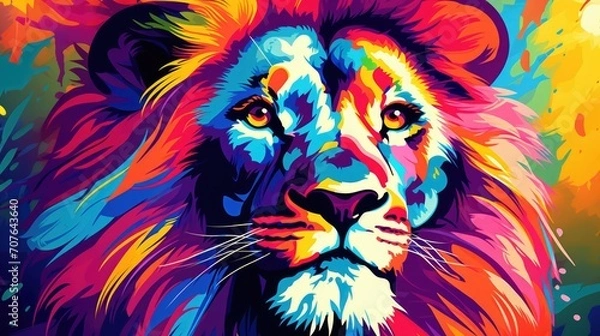 Fototapeta Colorful pop art style. Lion isolated on a white background. Bright animal Leo. Print on canvas or download