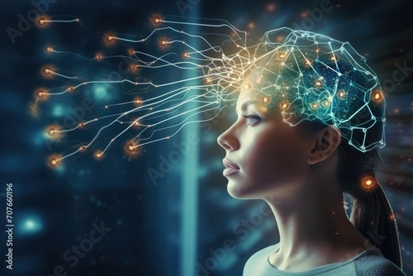 Fototapeta Brain Illustration depicts the intersection of psychology, cognitive psychology, neuropsychology, and psychobiology. Explore cognitive functions and emotional intelligence neural neuro psychology