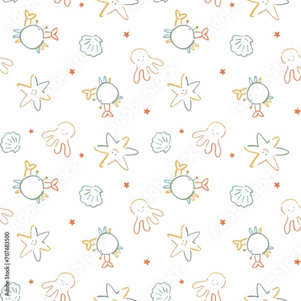 Fototapeta Beautiful kid's seamless pattern with hand drawn cute sea little animals such as octopus, shell, starfish and crab. Stock children's design for textile, gift wrapping and wallpapers.