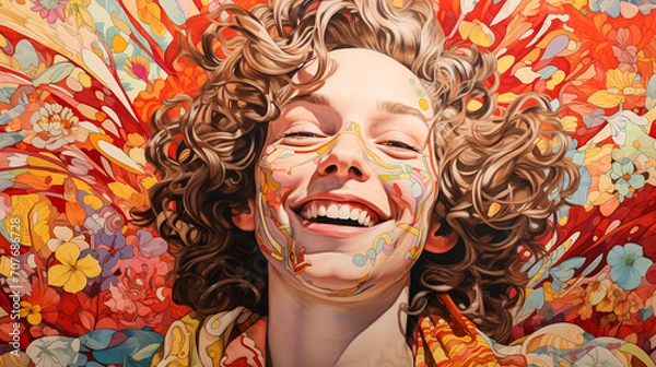 Fototapeta A painting of... Sun-Kissed Smile Unveiling Inner Harmony, Moonlight Draped on Velvet Eyes, Woven Threads of Story in Every Brushstroke, Where Strength Blooms Like a Delicate Rose.