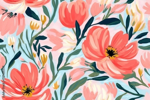 Fototapeta Colorful abstract floral art pattern with hand drawn flowers and leaves. Vintage style acrylic painting illustration for spring season print design