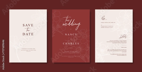 Fototapeta Simple and minimalist maroon burgundy wedding invitation template. trendy modern wedding invitation template