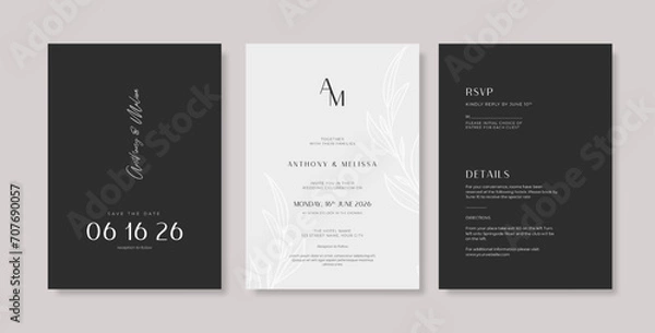 Obraz Elegant and minimalist black white wedding invitation. Simple engraved wedding card template