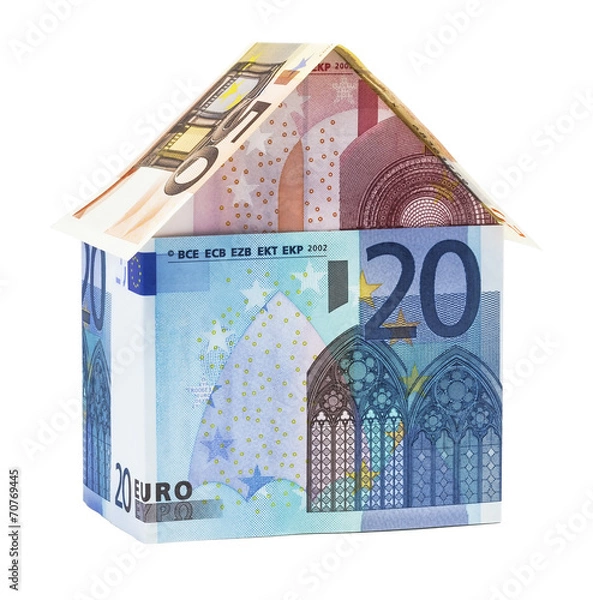Fototapeta The house made of Euro banknotes, isolated on white.