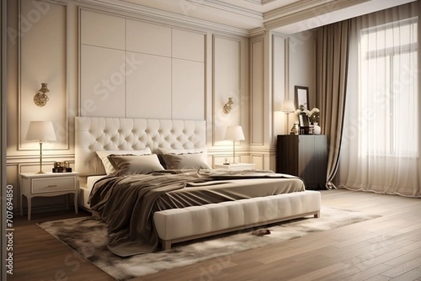 Fototapeta an elegant bedroom with a white tufted bed, nightstands, and dresser. The room has a beige color scheme and a large window with sheer curtains.