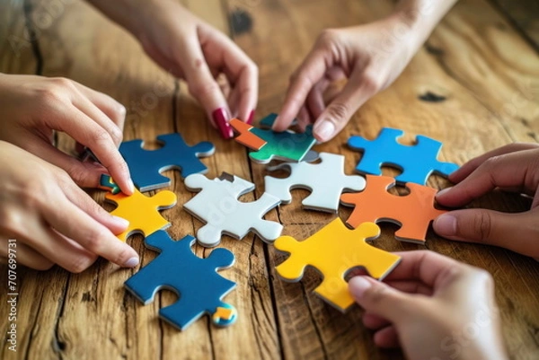 Fototapeta Hands join puzzle pieces,  putting the jigsaws team together, business concept