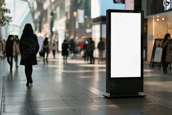 Fototapeta Blank Clean Screen or Signboard Mockup in Public Area: Perfect for Offers or Advertisement with People Walking By Created with generative AI tools