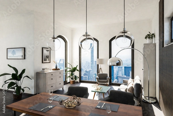 Fototapeta luxurious loft apartment with floor-to-ceiling windows and panoramic view; modern minimalistic interior design of living room and dining room area; bright daylight; 3D rendering